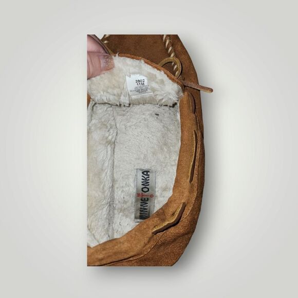 Minnetonka Brown Suede Moccasin Slippers Pile Lined Hard Soled 3902 11 - Picture 12 of 12